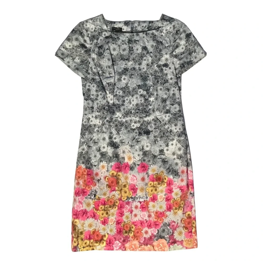 Talbots Petites Floral Dress Short Sleeve‎ Knee Length Pink Yellow Gray Size 8P